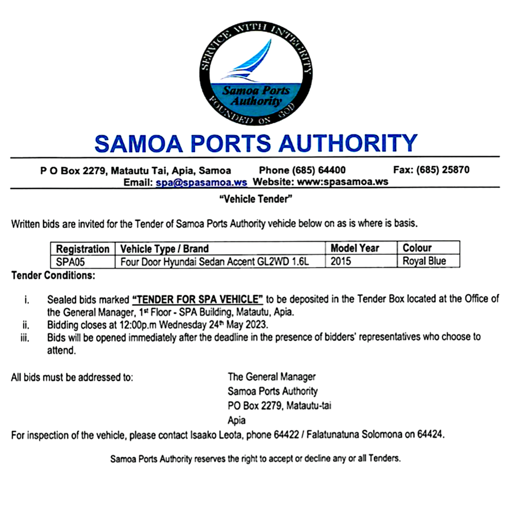 SPA Vehicle Tender Sale – Newsline Samoa