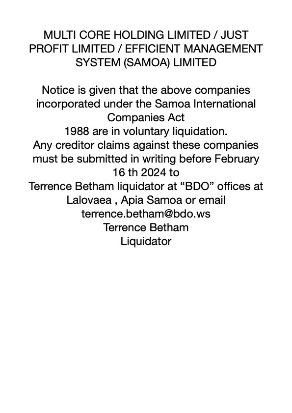 VOLUNTARY LIQUIDATION – Multi Core Hold Ltd…. – Newsline Samoa