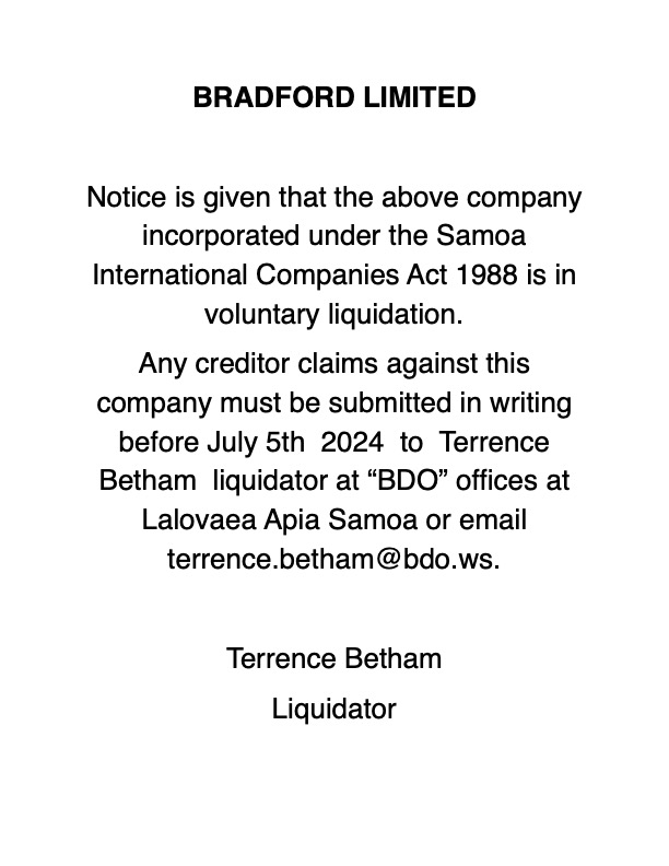 Voluntary Liquidation – Bradford Ltd – Newsline Samoa